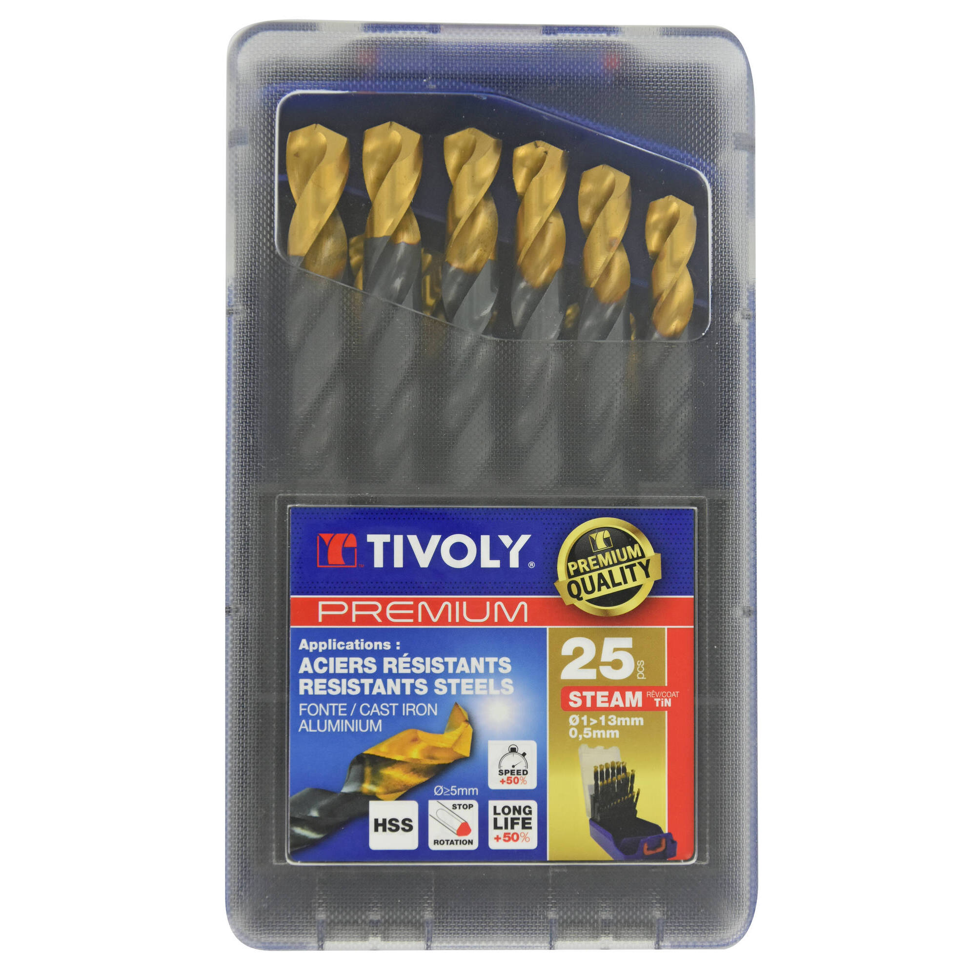 25 brocas para metal HSS STEAM rectificadas con recubrimiento TiN punta en cruz mango de 3 caras Ø 1 a 13 mm
