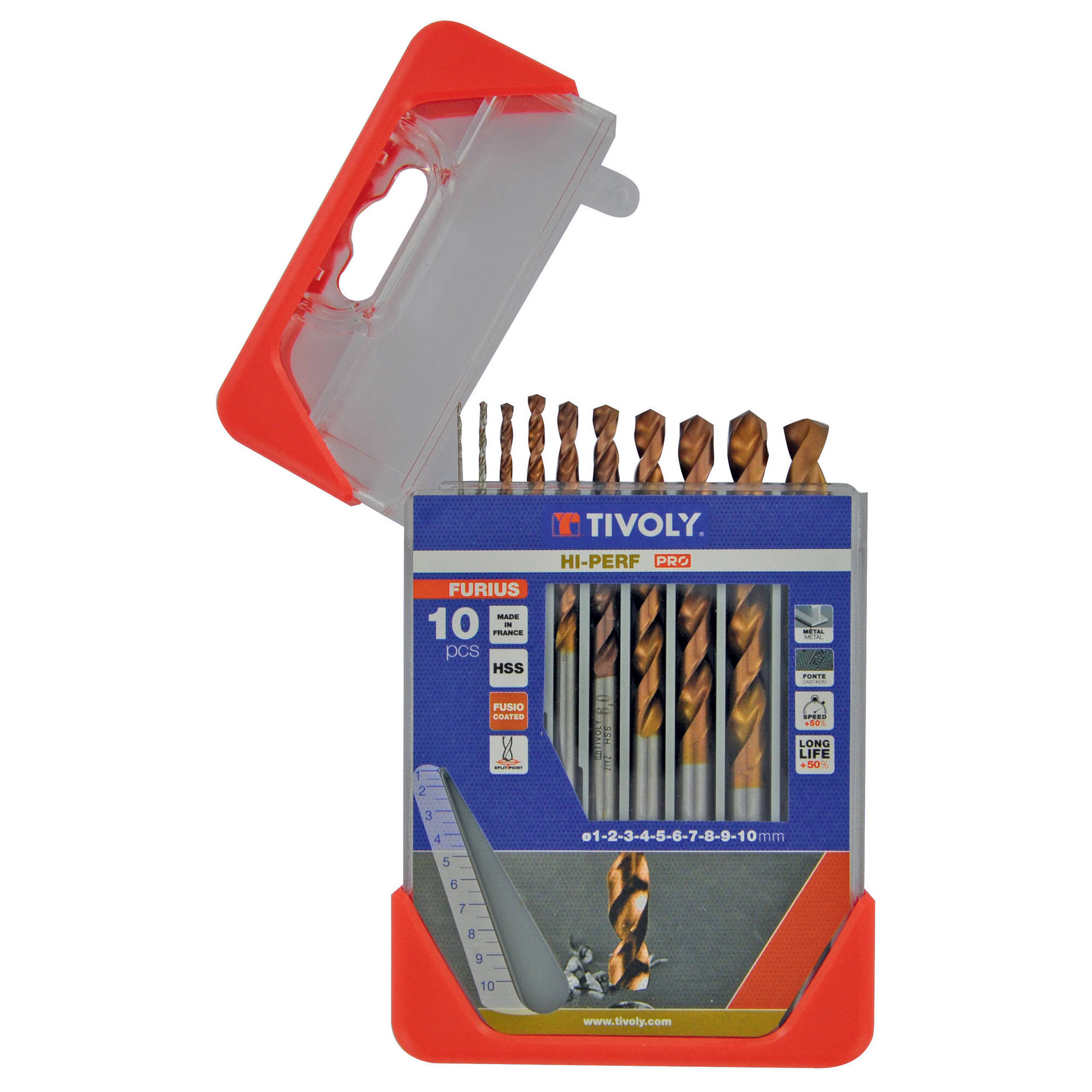 11454170004 - 10 brocas para metal FURIUS HSS con recubrimiento FUSIO punta en cruz Ø 1 a 10 mm PREMIUM