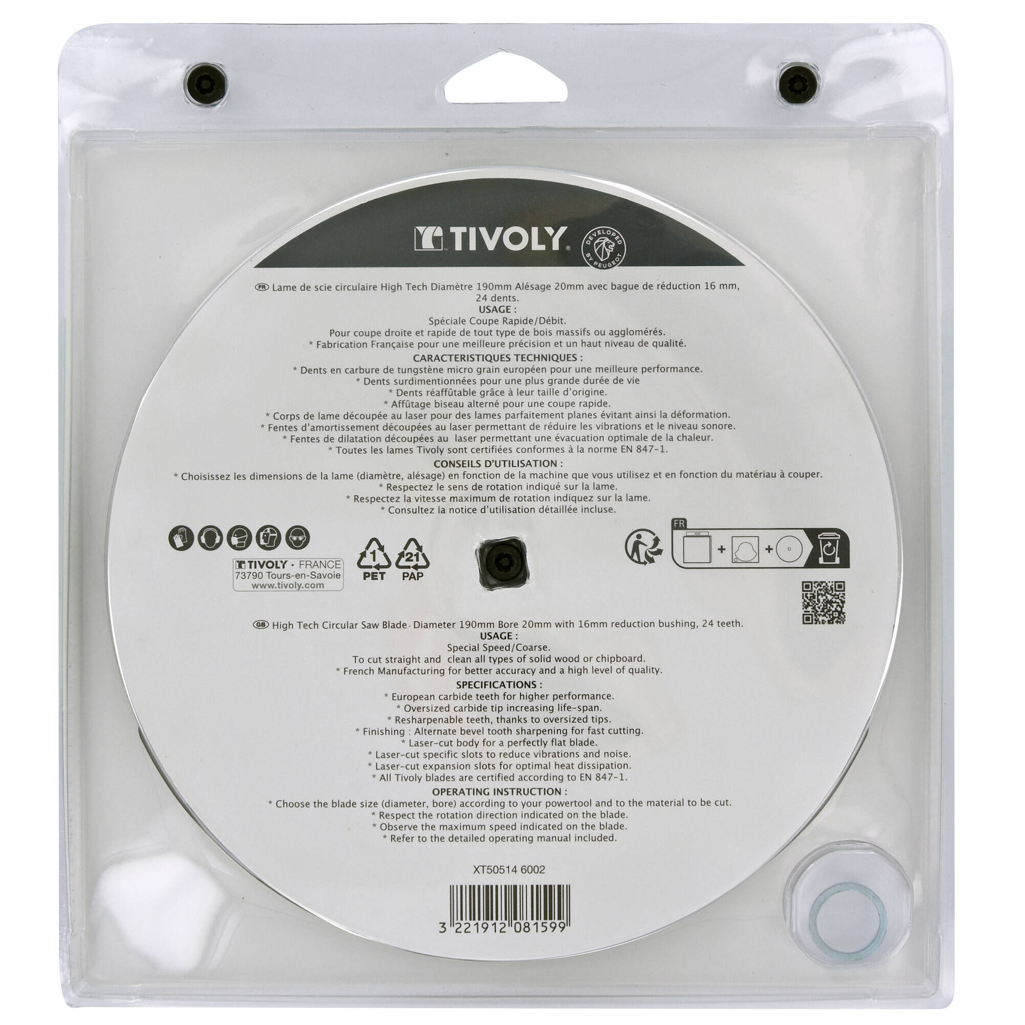 Ø: 190 x Ø2: 20 x Z: 24 / Hoja de sierra circular -Despiece -Para madera -Uso en sierra portátil (Estuche blíster)