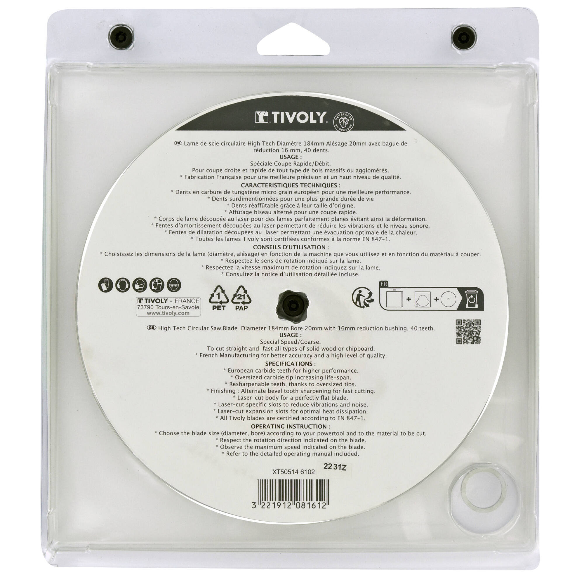 Ø: 184 x Ø2: 20 x Z: 40 / Hojas de sierra circular -Acabado -Para madera -Uso en sierra portátil (Estuche blíster)