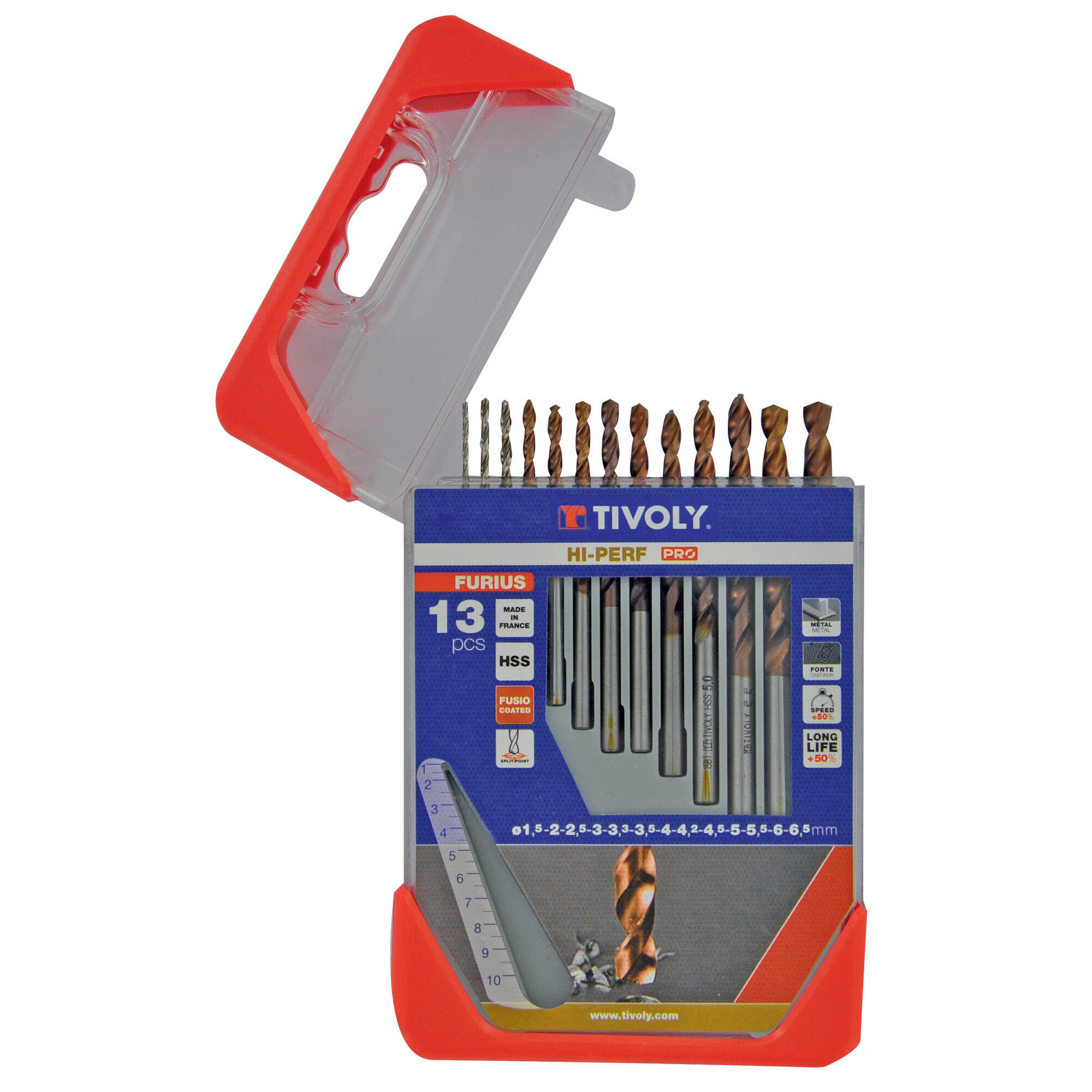 11454170006 - 13 brocas para metal FURIUS HSS con recubrimiento FUSIO punta en cruz Ø 1,5 a 6,5 mm PREMIUM