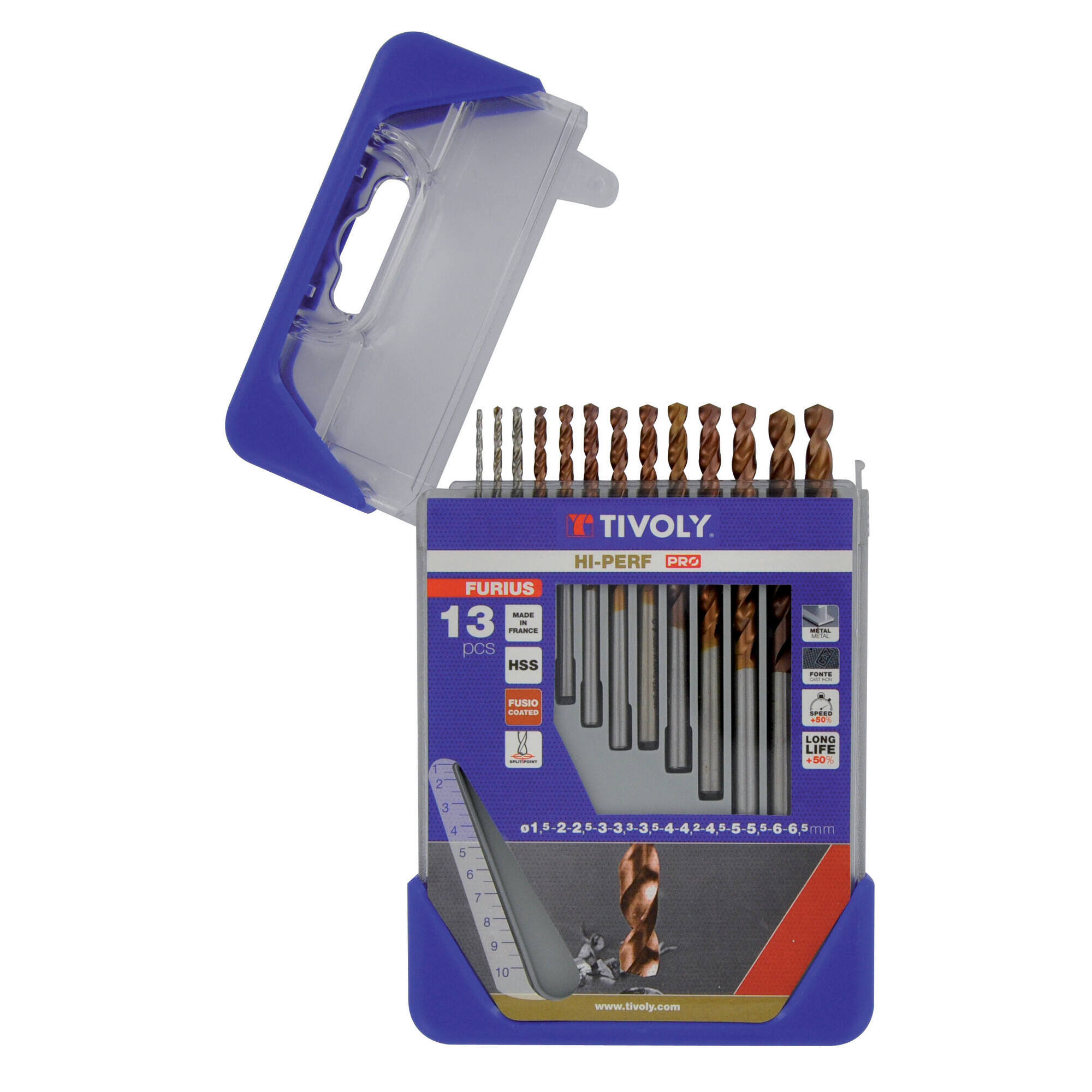 13 brocas para metal FURIUS HSS con recubrimiento FUSIO punta en cruz Ø 1,5 a 6,5 mm PREMIUM