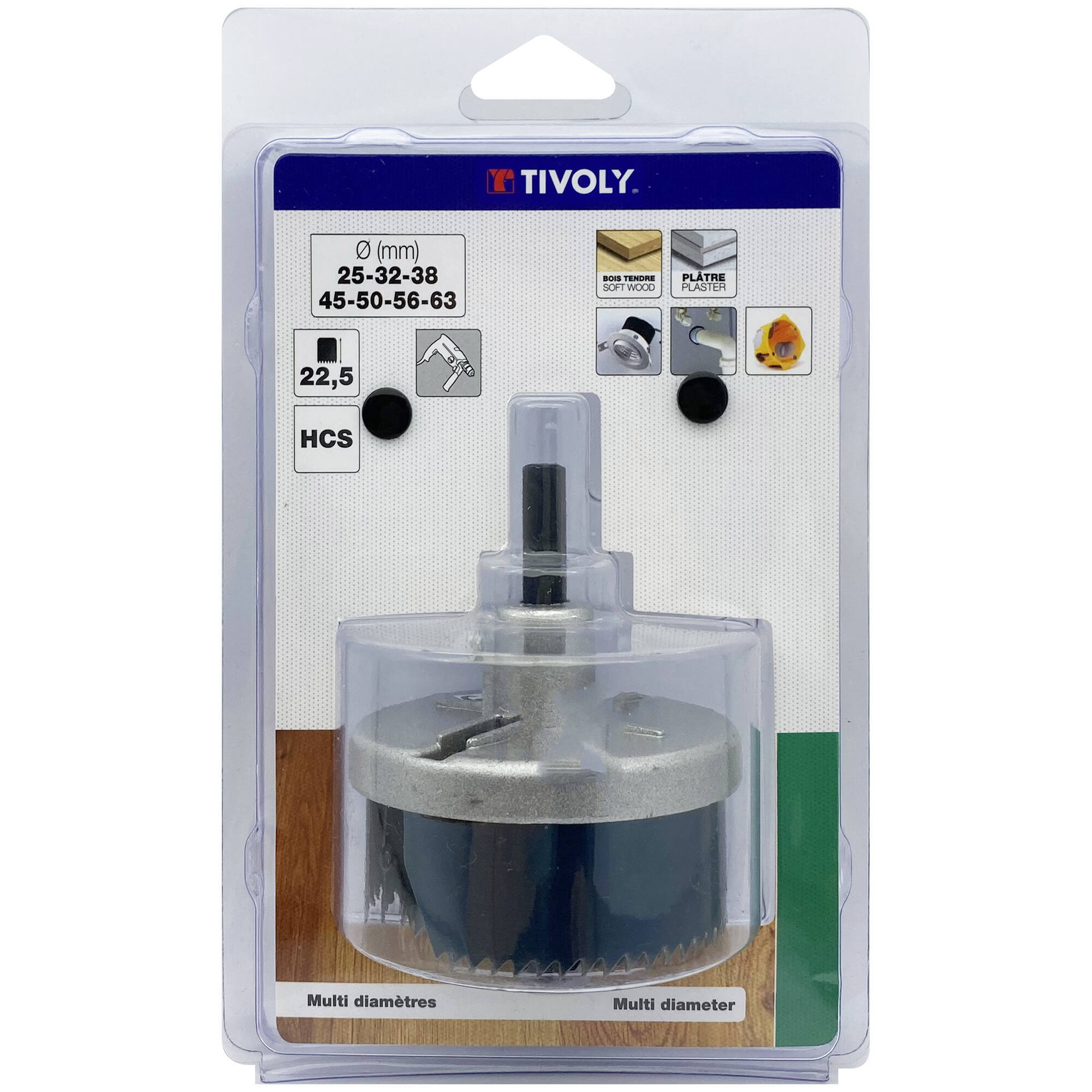 Ø: 25-32-38-45-50-56-62 / Sierra de corona HCS multihojas (Estuche blíster) / H: 23