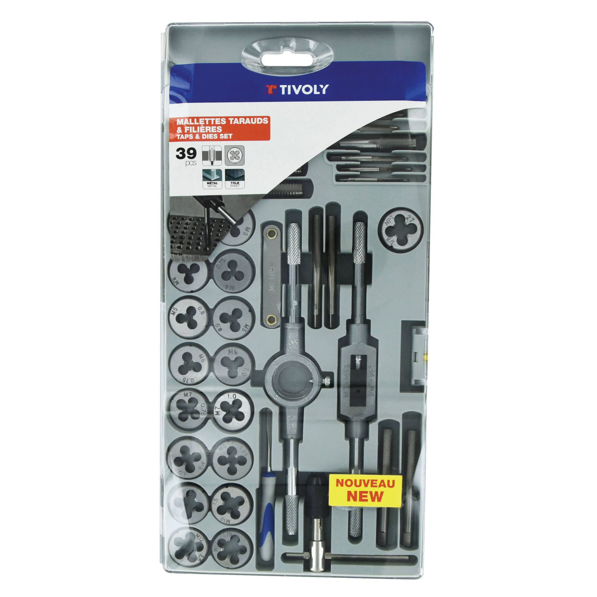 11900970019 - 39 piezas -17 machos de roscar + 17 cojinetes M3 a M12 y MF4 a MF12 + 1 calibre de roscas + 1 destornillador + 2 portamachos + 1 portacojinetes