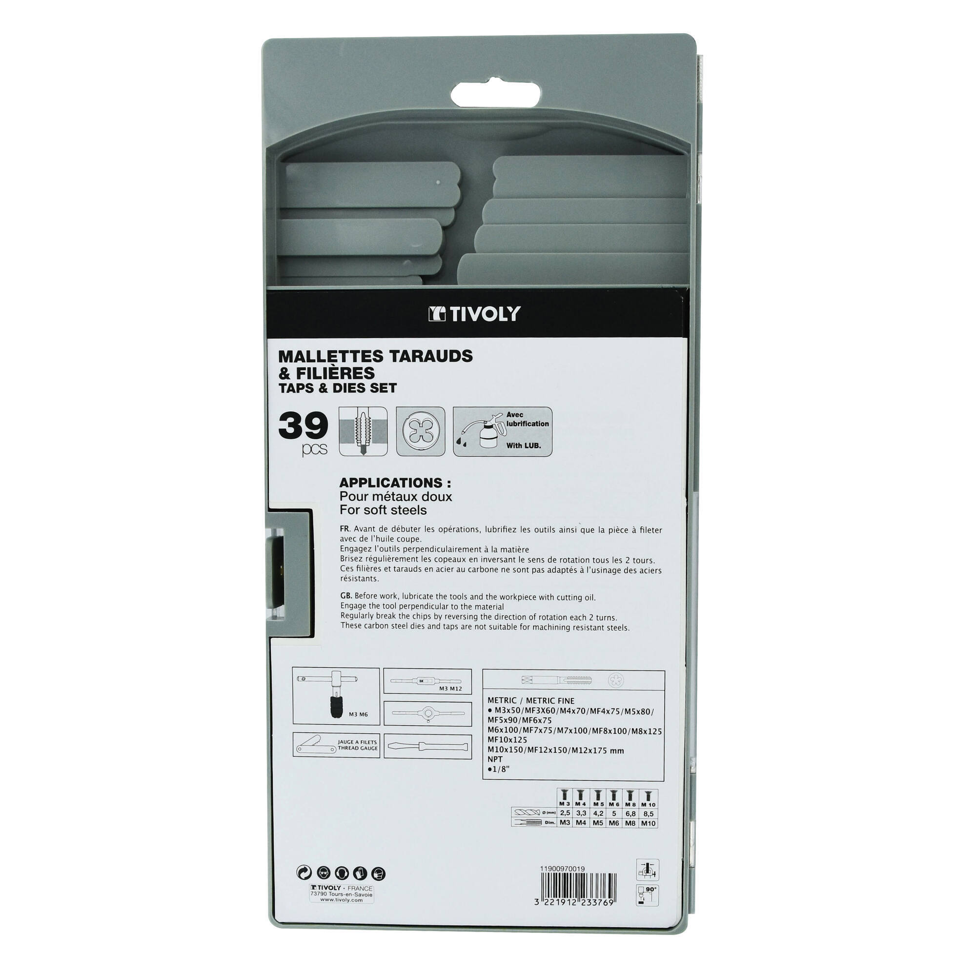 39 piezas -17 machos de roscar + 17 cojinetes M3 a M12 y MF4 a MF12 + 1 calibre de roscas + 1 destornillador + 2 portamachos + 1 portacojinetes