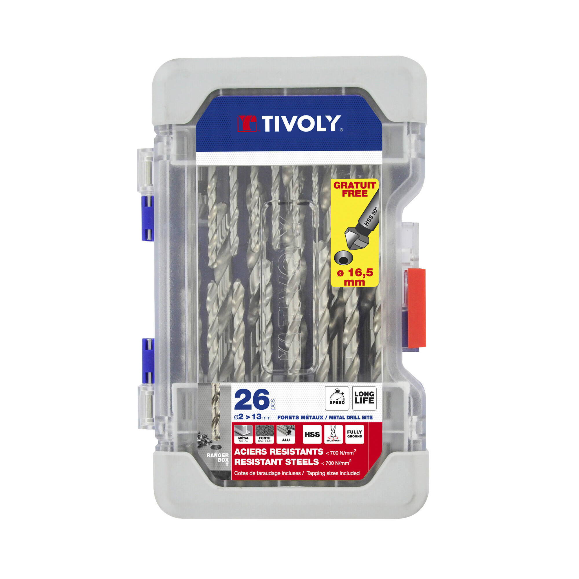 11452070002 - 26 piezas -25 brocas para metales HSS rectificadas, punta en cruz Ø 2 a 13 mm + 1 fresa para avellanar HSS Ø 16,5 mm