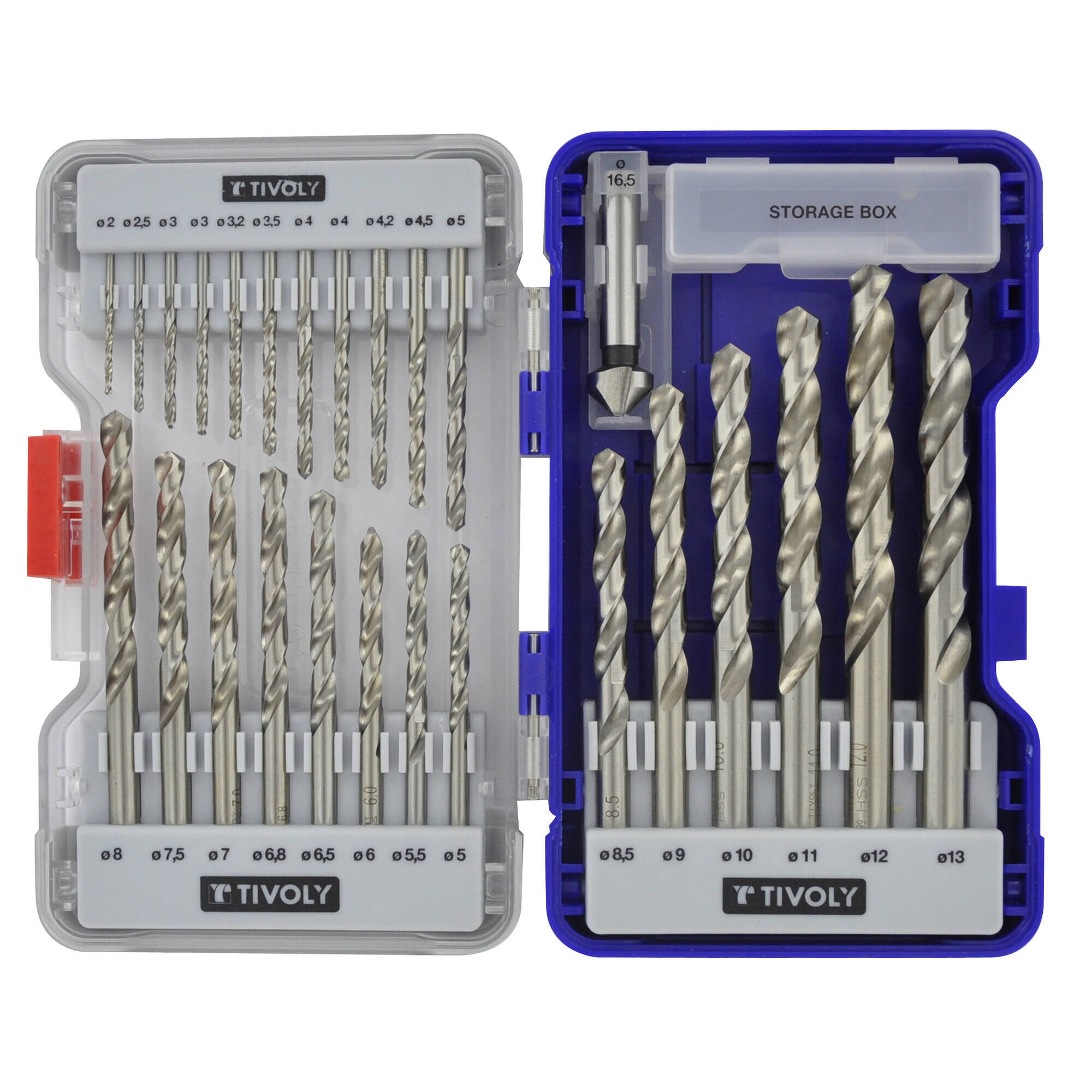 26 piezas -25 brocas para metales HSS rectificadas, punta en cruz Ø 2 a 13 mm + 1 fresa para avellanar HSS Ø 16,5 mm