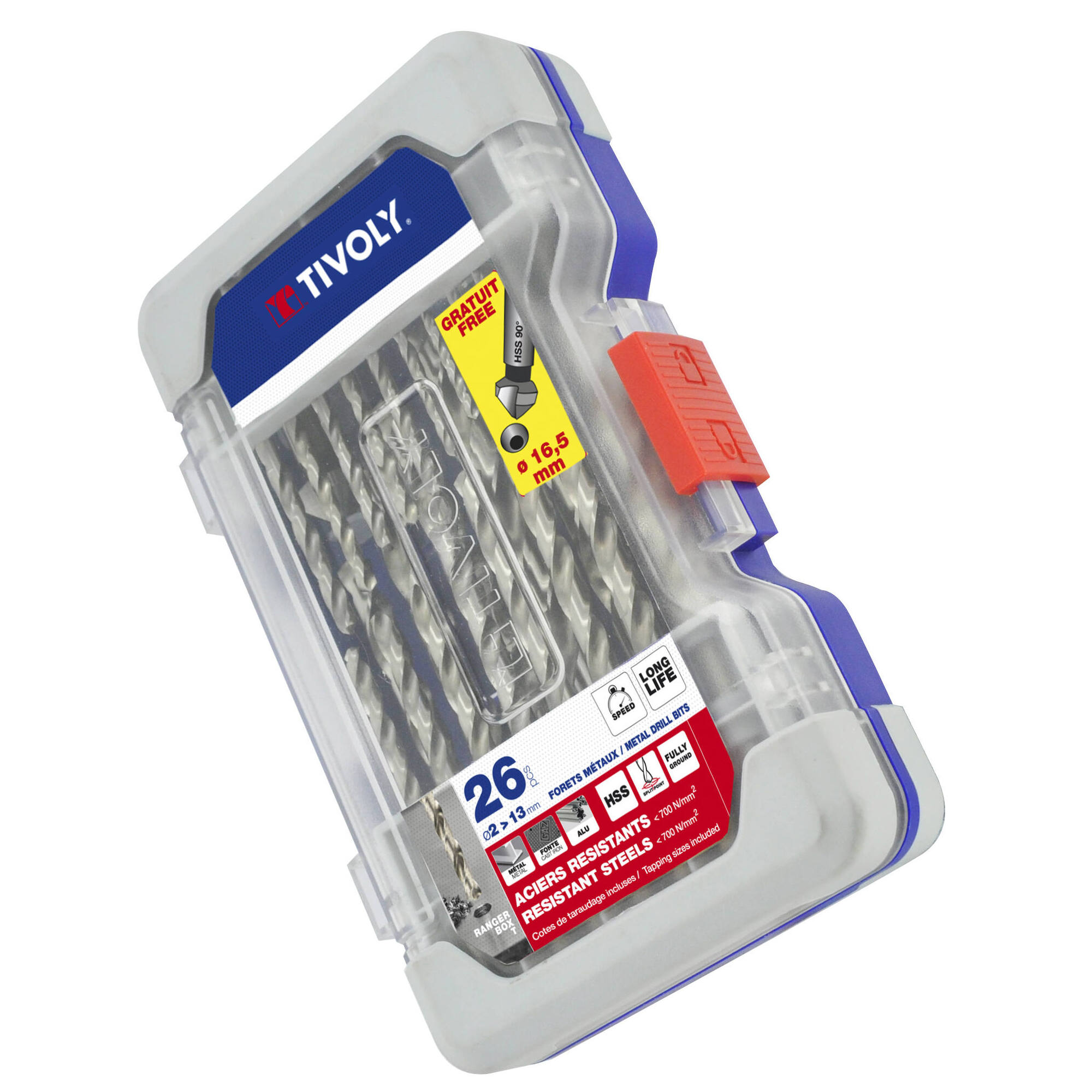 26 piezas -25 brocas para metales HSS rectificadas, punta en cruz Ø 2 a 13 mm + 1 fresa para avellanar HSS Ø 16,5 mm