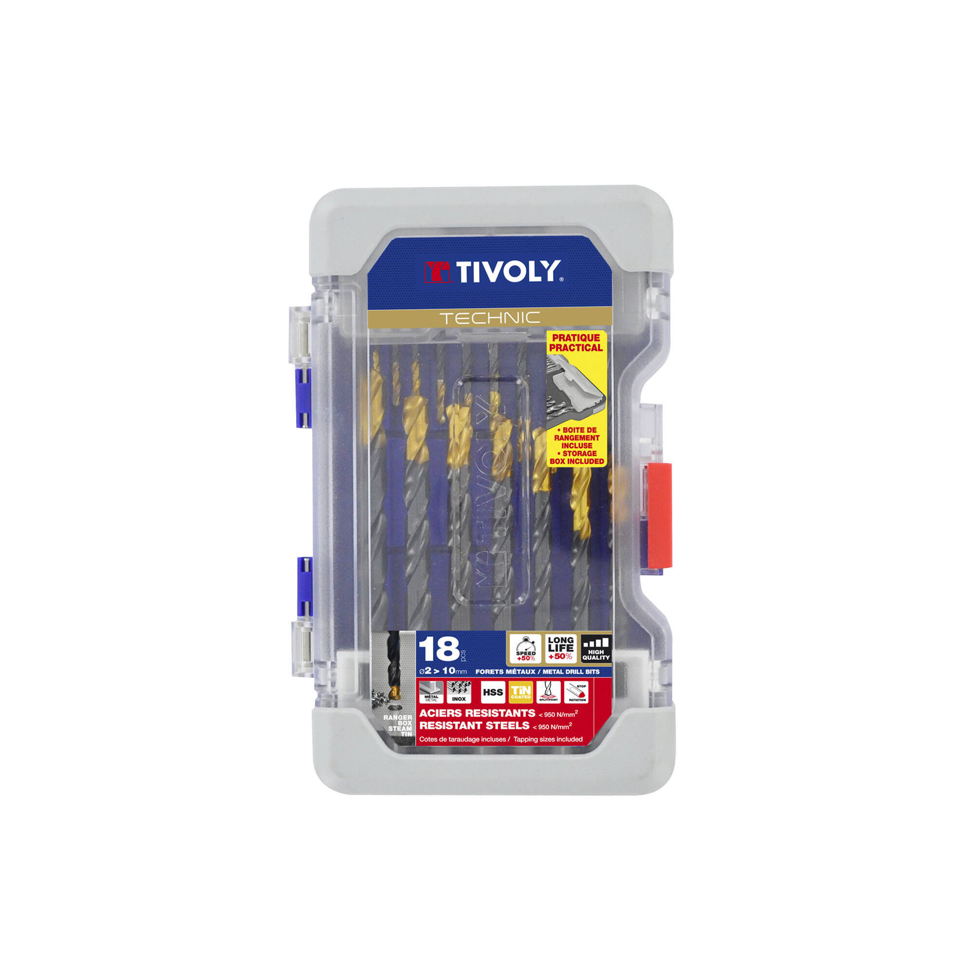 11453170006 - 18 brocas para metal HSS STEAM rectificadas con recubrimiento TiN punta en cruz mango de 3 caras Ø 2 a 10 mm