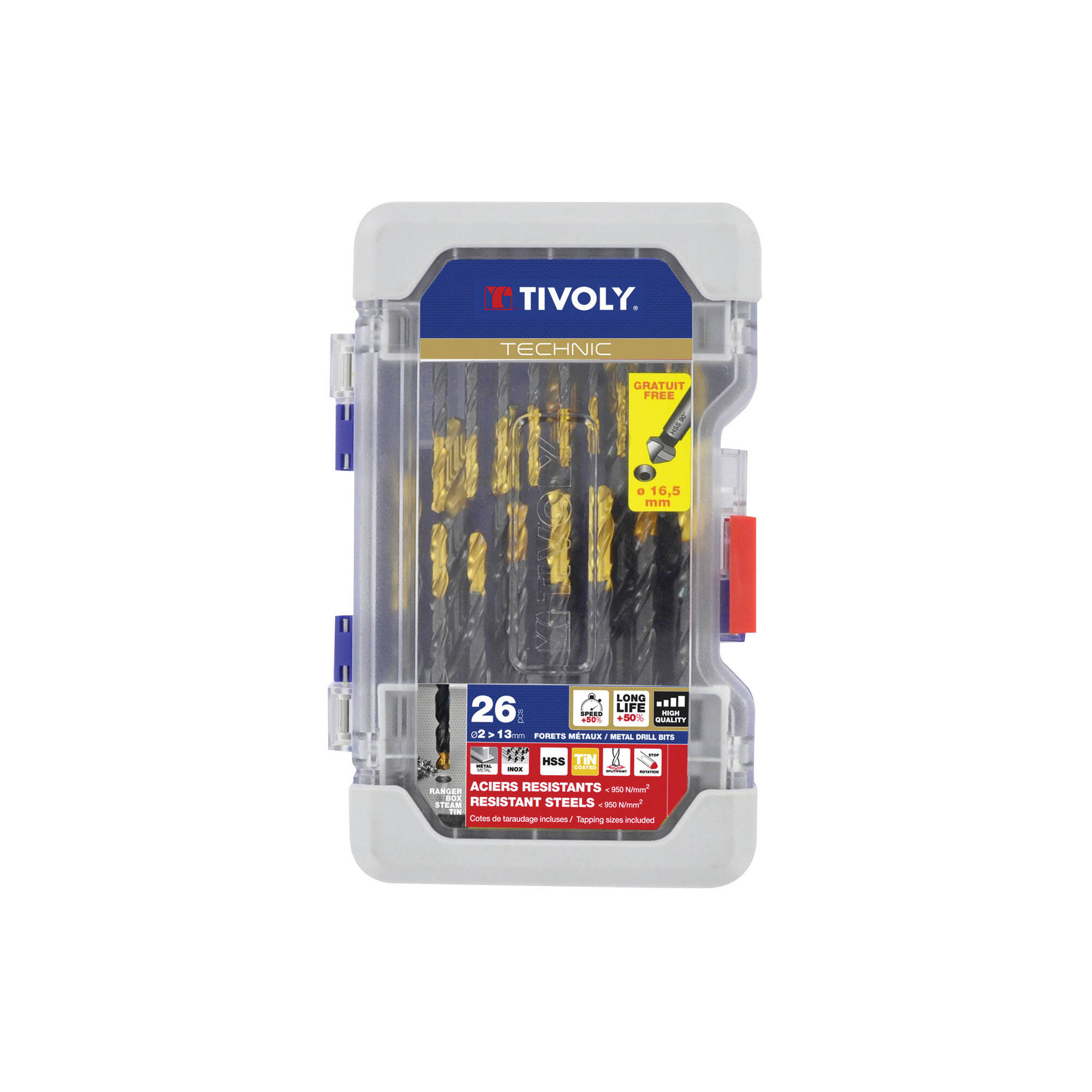 11453170007 - 26 piezas -25 brocas HSS STEAM rectificadas con recubrimiento TiN punta en cruz mango de 3 caras Ø 2 a 13 mm + 1 fresa para avellanar HSS Ø 15 mm