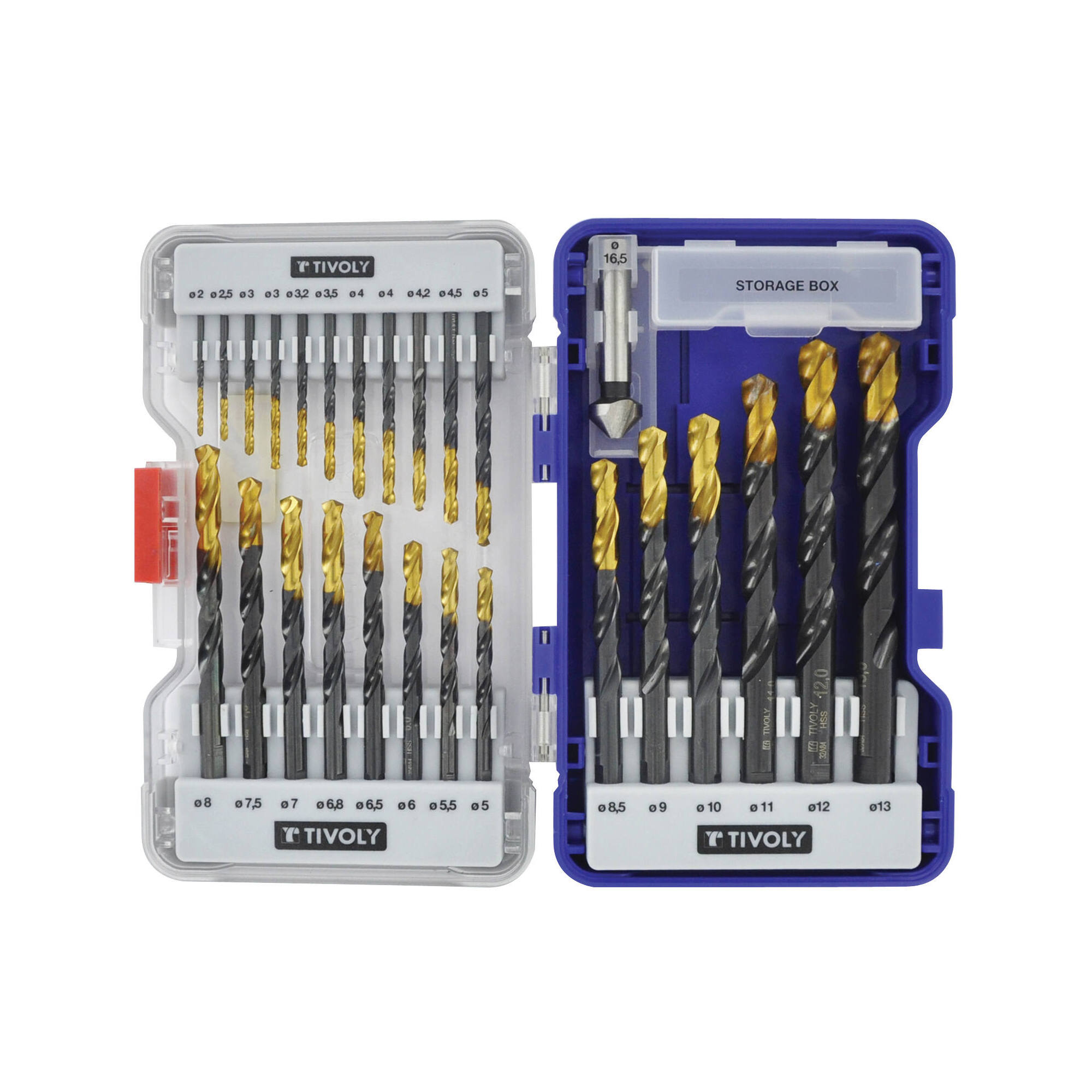 26 piezas -25 brocas HSS STEAM rectificadas con recubrimiento TiN punta en cruz mango de 3 caras Ø 2 a 13 mm + 1 fresa para avellanar HSS Ø 15 mm