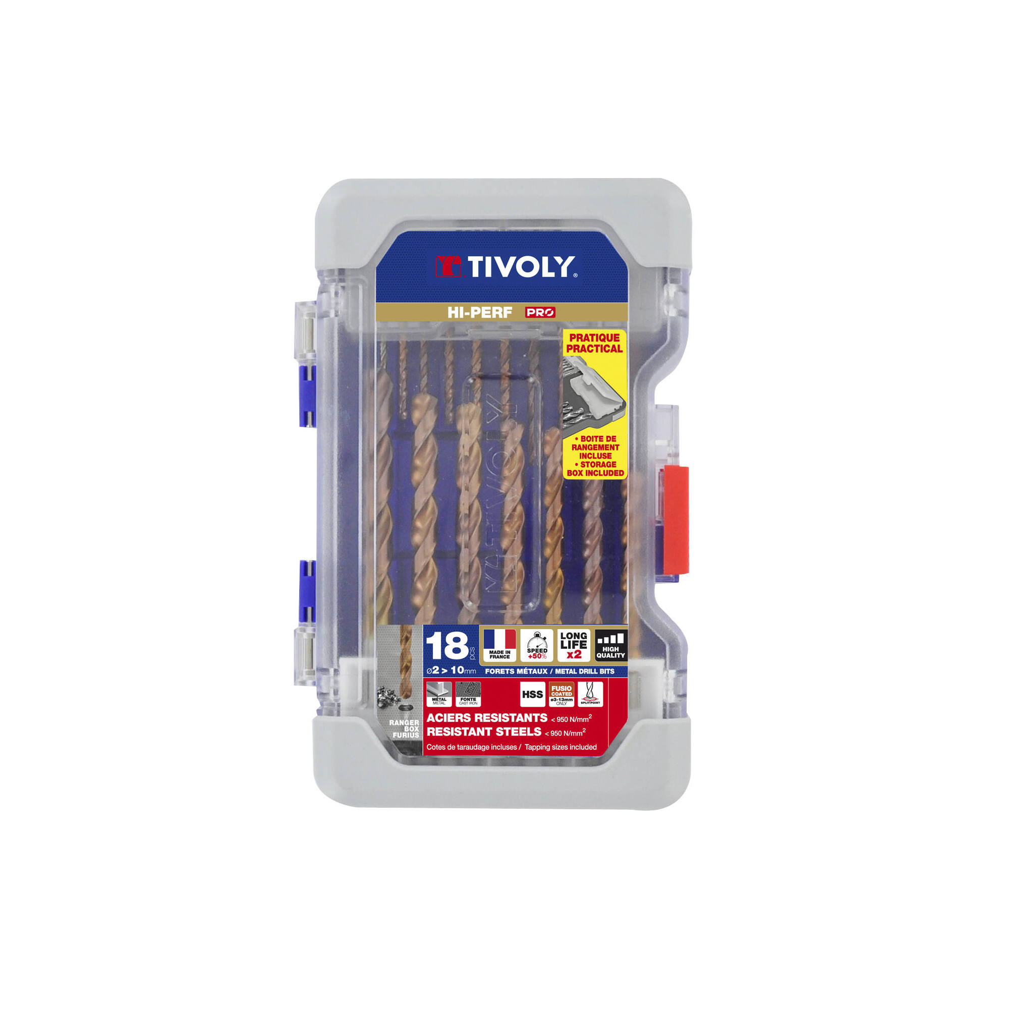 11454170001 - 18 brocas para metal FURIUS HSS con recubrimiento FUSIO punta en cruz Ø 2 a 10 mm PREMIUM