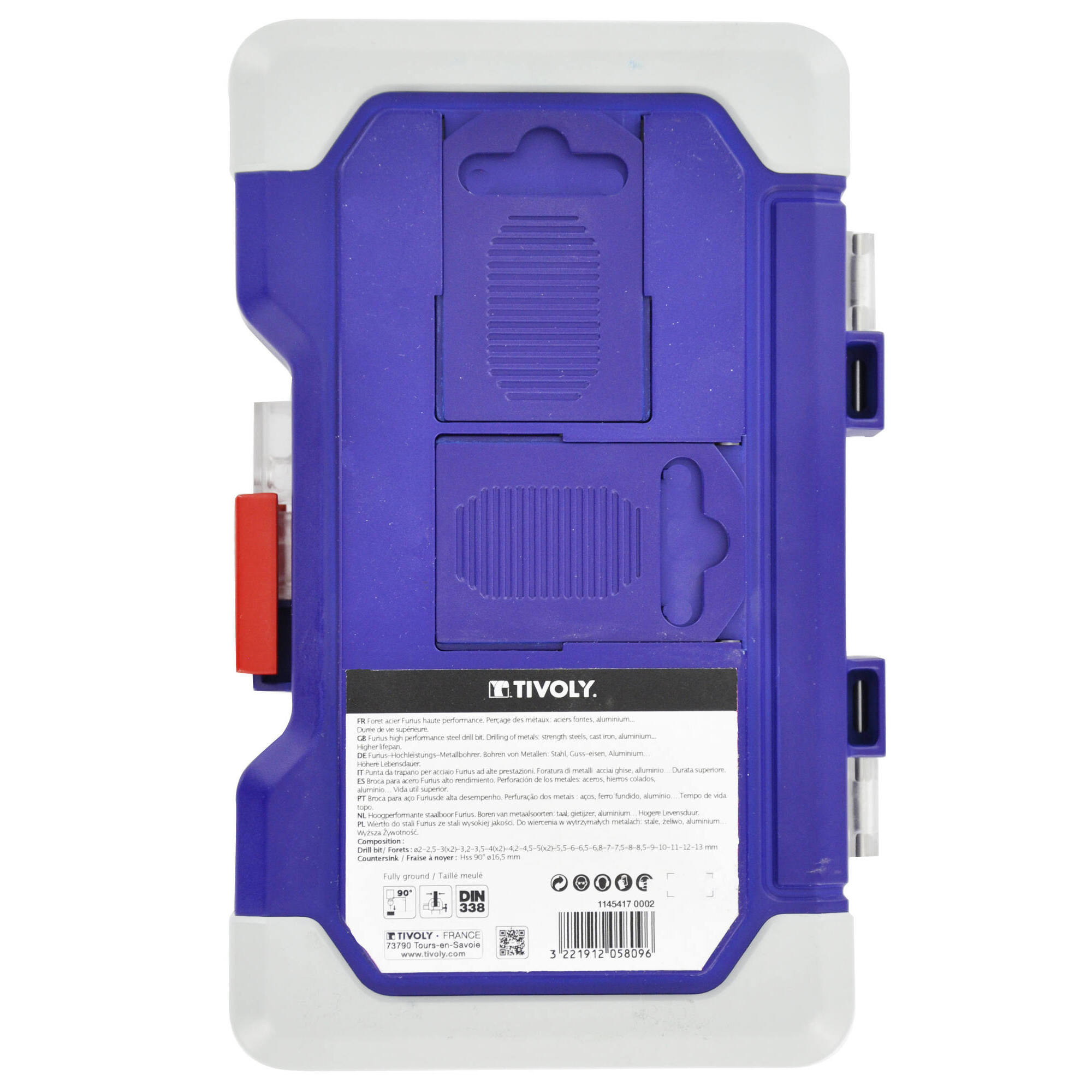 26 piezas -25 brocas para metal FURIUS HSS con recubrimiento FUSIO punta en cruz Ø 2 a 13 mm PREMIUM + 1 fresa para avellanar Ø 15 mm PREMIUM