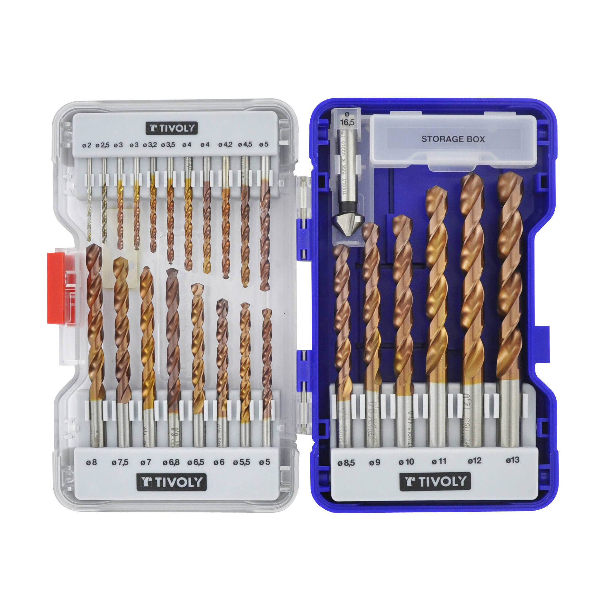 26 piezas -25 brocas para metal FURIUS HSS con recubrimiento FUSIO punta en cruz Ø 2 a 13 mm PREMIUM + 1 fresa para avellanar Ø 15 mm PREMIUM