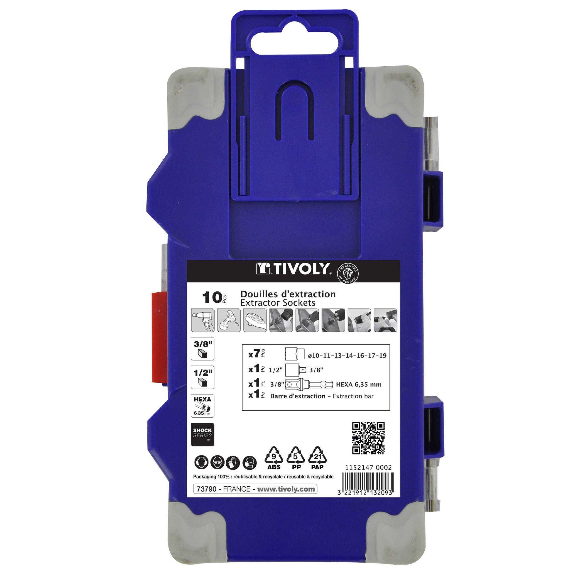 10 piezas -7 vasos de extracción 3/8" Ø 10 a 19 mm + accesorios -IMPACTO