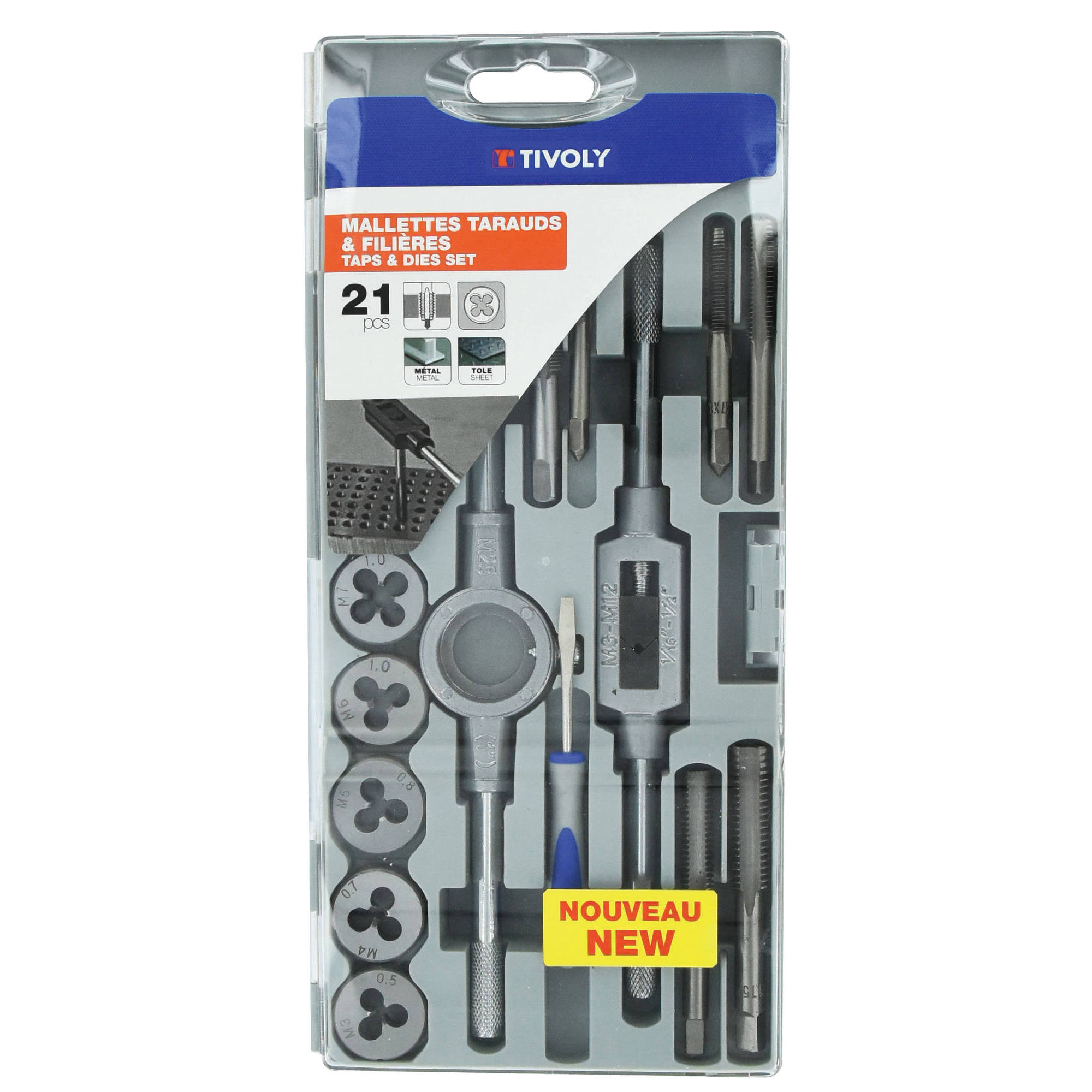 11900970018 - 21 piezas - 9 machos de roscar M3 a M12 + 9 cojinetes M3 a M12 + 1 destornillador + 1 portamachos + 1 portacojinetes