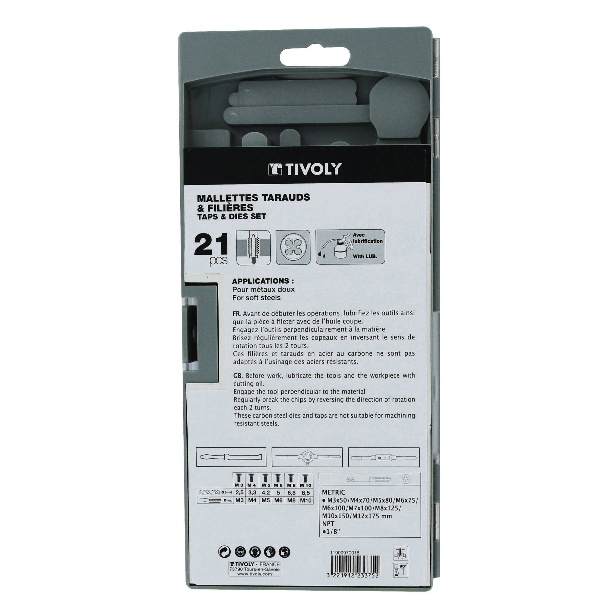 21 piezas - 9 machos de roscar M3 a M12 + 9 cojinetes M3 a M12 + 1 destornillador + 1 portamachos + 1 portacojinetes