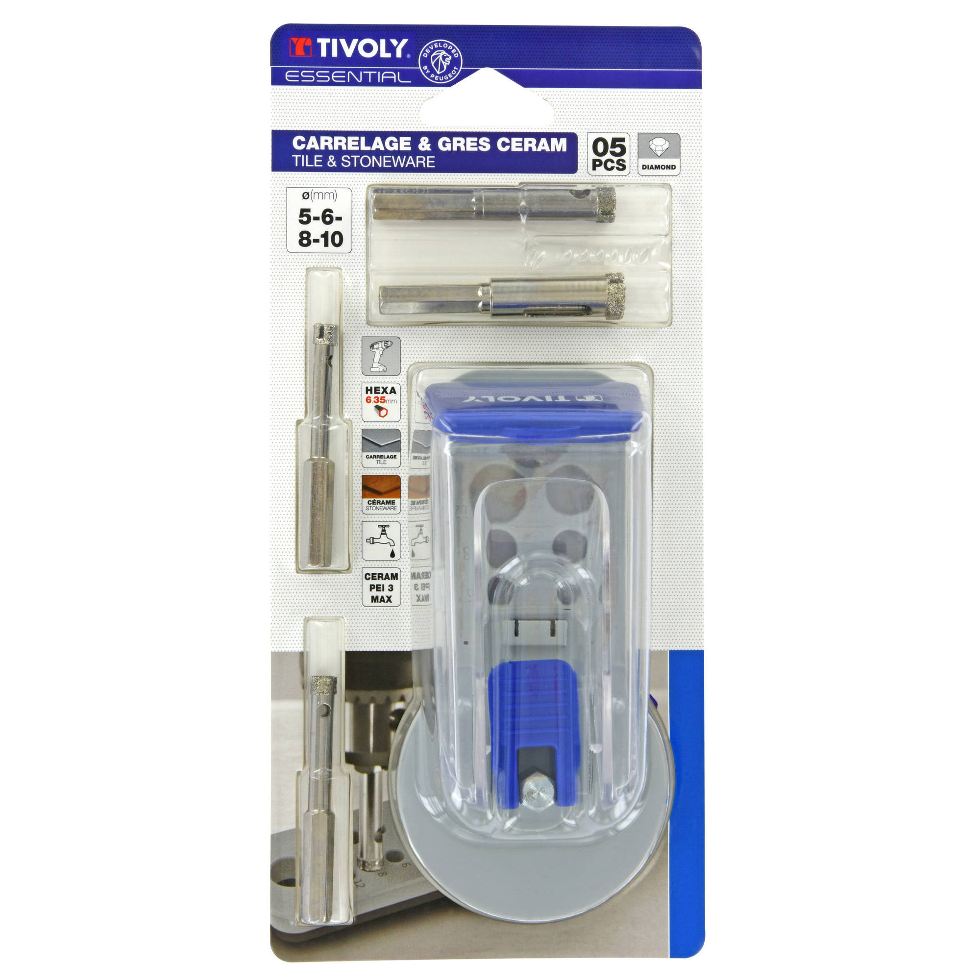 12000820002 - 5 piezas - 4 brocas para azulejos Ø 5 a 10 mm + 1 guía