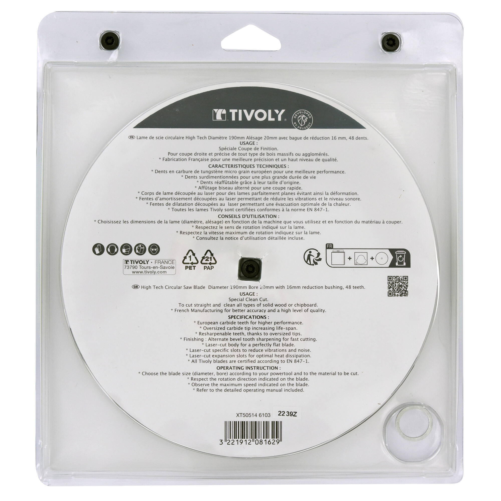 Ø: 190 x Ø2: 20 x Z: 48 / Hojas de sierra circular -Acabado -Para madera -Uso en sierra portátil (Estuche blíster)