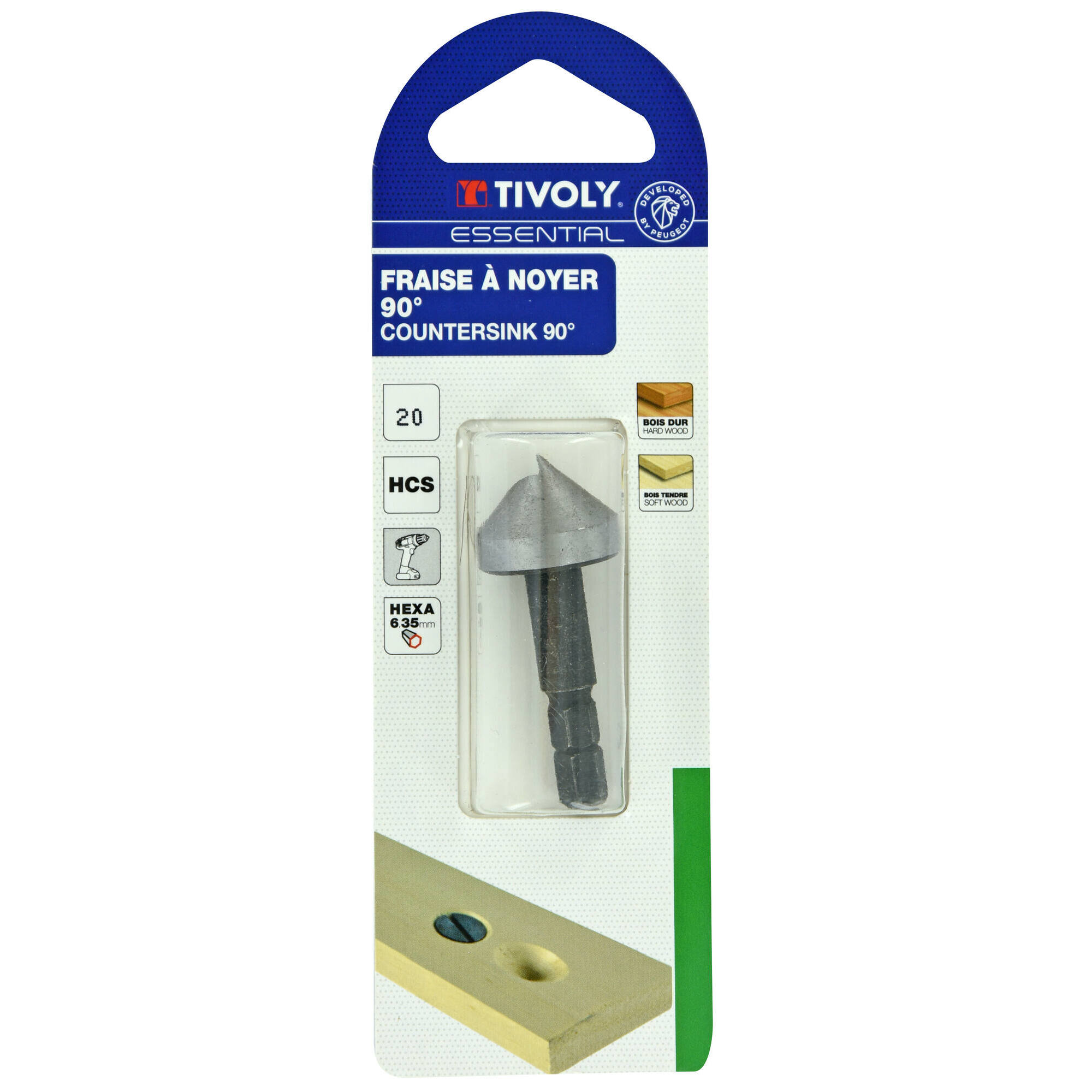 Avellanador al carbono a 90º -Mango hexagonal -Especial madera (Blíster) / Ø: 19 / L: 50