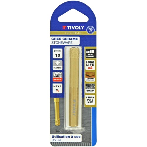 Ø: 10 / Broca diamantada taladrado en seco -Mango hexagonal (Blíster) / L: 80