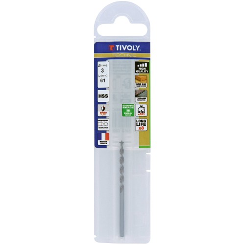 Ø: 3 / Broca para madera HSS -Afilado Speed point -Mango cilíndrico -Graduada SLR (Funda plástico) / L: 61