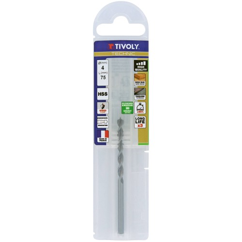 Ø: 4 / Broca para madera HSS -Afilado Speed point -Mango cilíndrico -Graduada SLR (Funda plástico) / L: 75