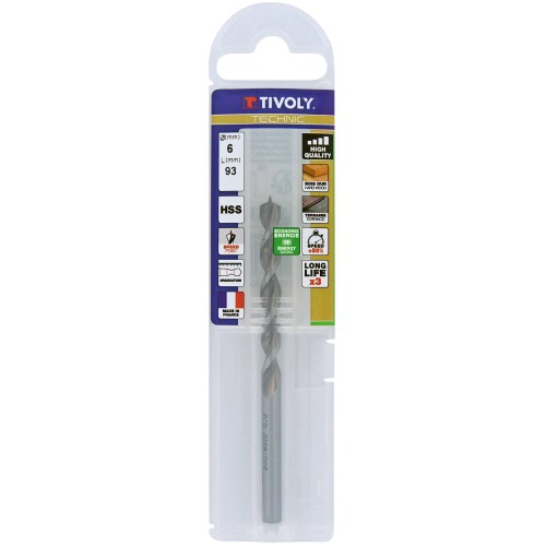 Ø: 6 / Broca para madera HSS -Afilado Speed point -Mango cilíndrico -Graduada SLR (Funda plástico) / L: 93