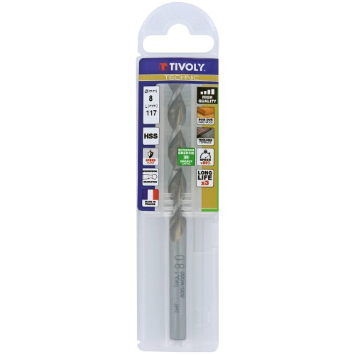 Ø: 8 / Broca para madera HSS -Afilado Speed point -Mango cilíndrico -Graduada SLR (Funda plástico) / L: 117