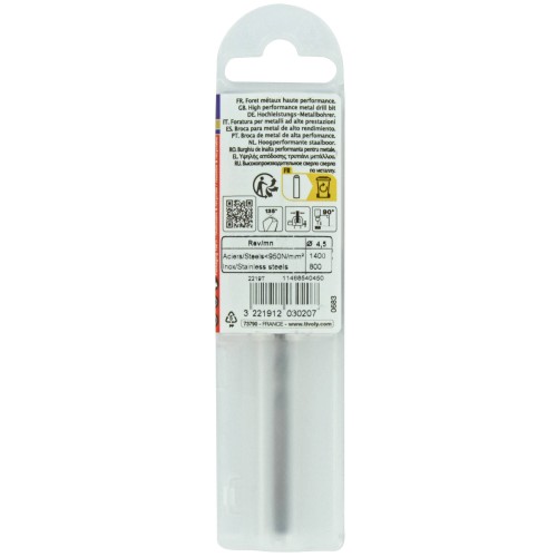 Ø: 4.5 / L: 80 / Broca para metal HSS-E5 (cobalto 5 %) -Afilado SPLIT POINT -Graduada SLR (Funda plástico)