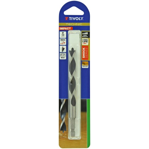 Ø: 10 / Broca para madera de 3 puntas Shock Serie -Mango hexagonal (Blíster) / L: 133