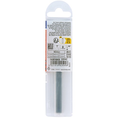 Ø: 4.5 / L: 80 / Broca para metal HSS - Tratamiento STEAM -Afilado SPLIT POINT (Funda plástico)