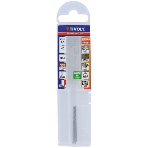 Ø: 1.5 / FURIUS | Broca HSS rectificada cilíndrica | Corta | Punta en cruz PREMIUM (Funda plástico) / L: 40