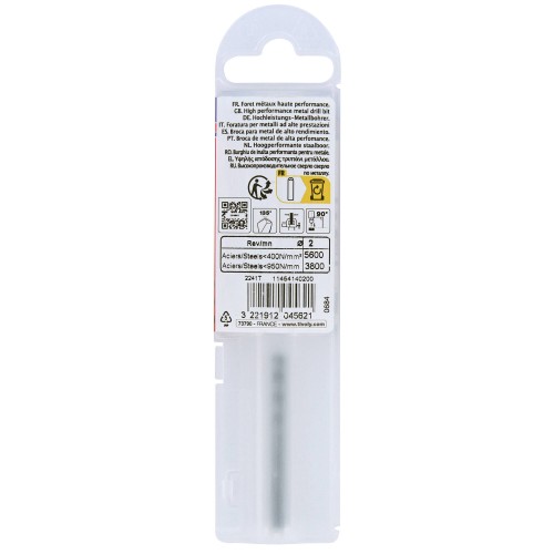 Ø: 2 / FURIUS | Broca HSS rectificada cilíndrica | Corta | Punta en cruz PREMIUM (Funda plástico) / L: 49