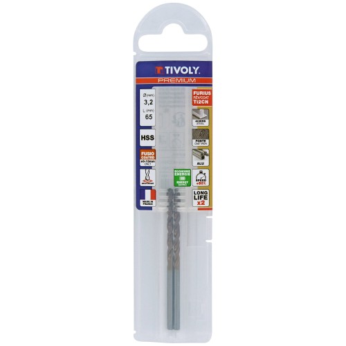 Ø: 3.2 / L: 65 / Broca para metal HSS FURIUS -Recubrimiento FUSIO -Afilado SPLIT POINT (Funda plástico)