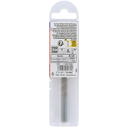 Ø: 4.5 / L: 80 / Broca para metal HSS FURIUS -Recubrimiento FUSIO -Afilado SPLIT POINT (Funda plástico)