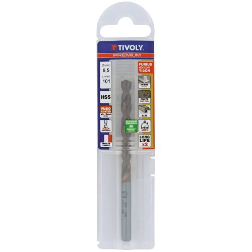Ø: 6.5 / L: 101 / Broca para metal HSS FURIUS -Recubrimiento FUSIO -Afilado SPLIT POINT (Funda plástico)