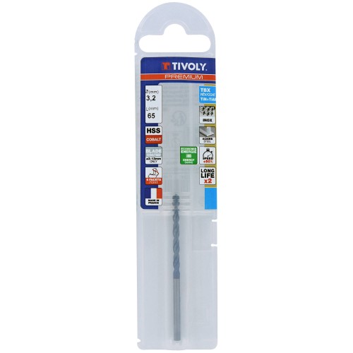 Ø: 3.2 / L: 65 / Broca para metal HSSE TBX | Recubrimiento TiALN | Afilado 4 caras (Funda plástico)