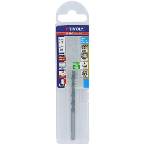 Ø: 4.2 / L: 75 / Broca para metal HSSE TBX | Recubrimiento TiALN | Afilado 4 caras (Funda plástico)