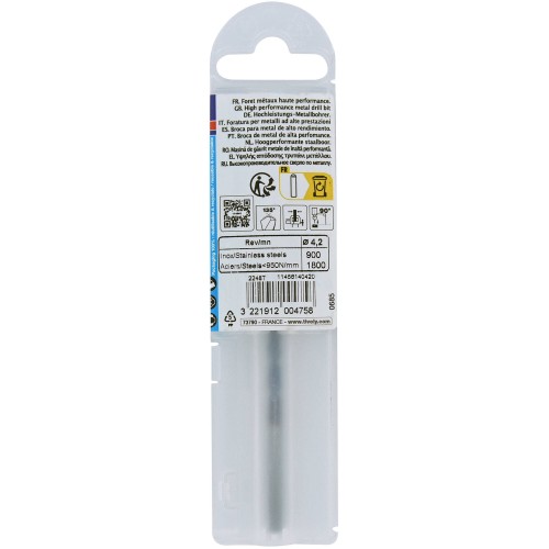Ø: 4.2 / L: 75 / Broca para metal HSSE TBX | Recubrimiento TiALN | Afilado 4 caras (Funda plástico)