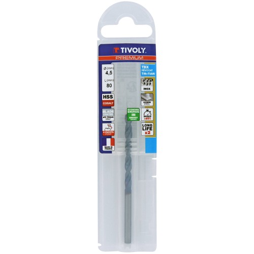 Ø: 4.5 / L: 80 / Broca para metal HSSE TBX | Recubrimiento TiALN | Afilado 4 caras (Funda plástico)