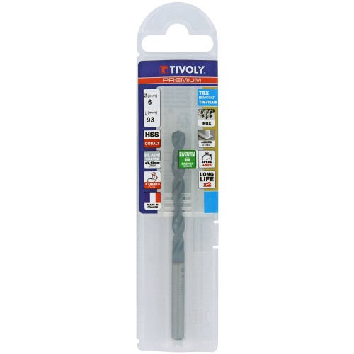 Ø: 6 / L: 93 / Broca para metal HSSE TBX | Recubrimiento TiALN | Afilado 4 caras (Funda plástico)