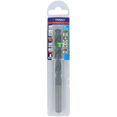 Ø: 10.5 / L: 133 / Broca para metal HSSE TBX | Recubrimiento TiALN | Afilado 4 caras (Funda plástico)