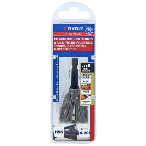 Fresa HSS de 4 hojas para desbarbar tubos y varillas roscadas. Vástago hexagonal de 6,35 mm de cambio rápido - Ø 4 a 20 mm