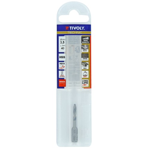 Ø: 3.5 / L: 40 / Broca para metal HSS monobloque | Punta en cruz | Mango hexagonal 6,35 mm (Funda plástico)