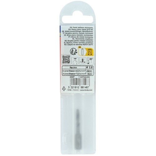 Ø: 3.5 / L: 40 / Broca para metal HSS monobloque | Punta en cruz | Mango hexagonal 6,35 mm (Funda plástico)