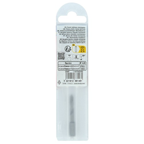 Ø: 4.5 / L: 46 / Broca para metal HSS monobloque | Punta en cruz | Mango hexagonal 6,35 mm (Funda plástico)