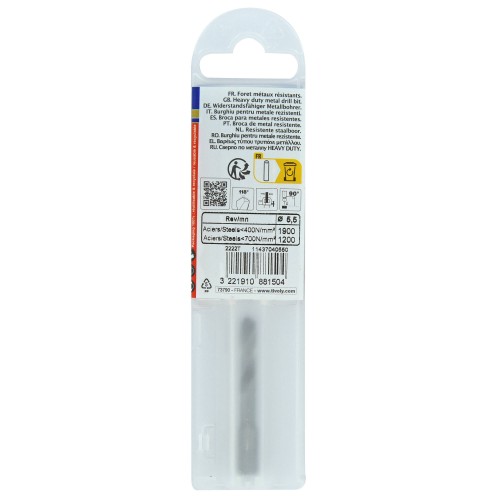 Ø: 5.5 / L: 50 / Broca para metal HSS monobloque | Punta en cruz | Mango hexagonal 6,35 mm (Funda plástico)