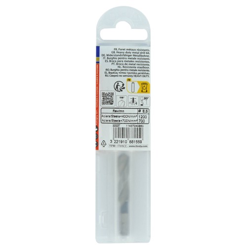 Ø: 8.5 / L: 53 / Broca para metal HSS monobloque | Punta en cruz | Mango hexagonal 6,35 mm (Funda plástico)