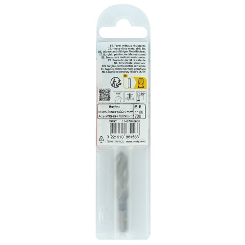 Ø: 9 / L: 53 / Broca para metal HSS monobloque | Punta en cruz | Mango hexagonal 6,35 mm (Funda plástico)